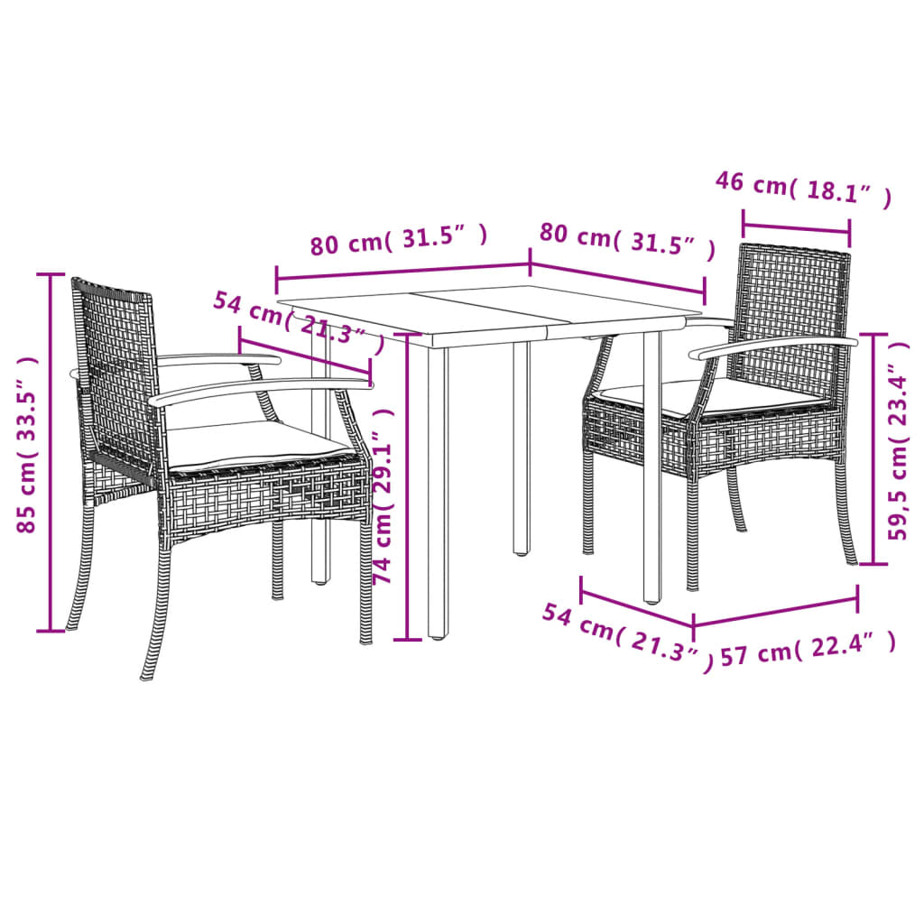 3 Piece Patio Dining Set with Cushions Gray Poly Rattan