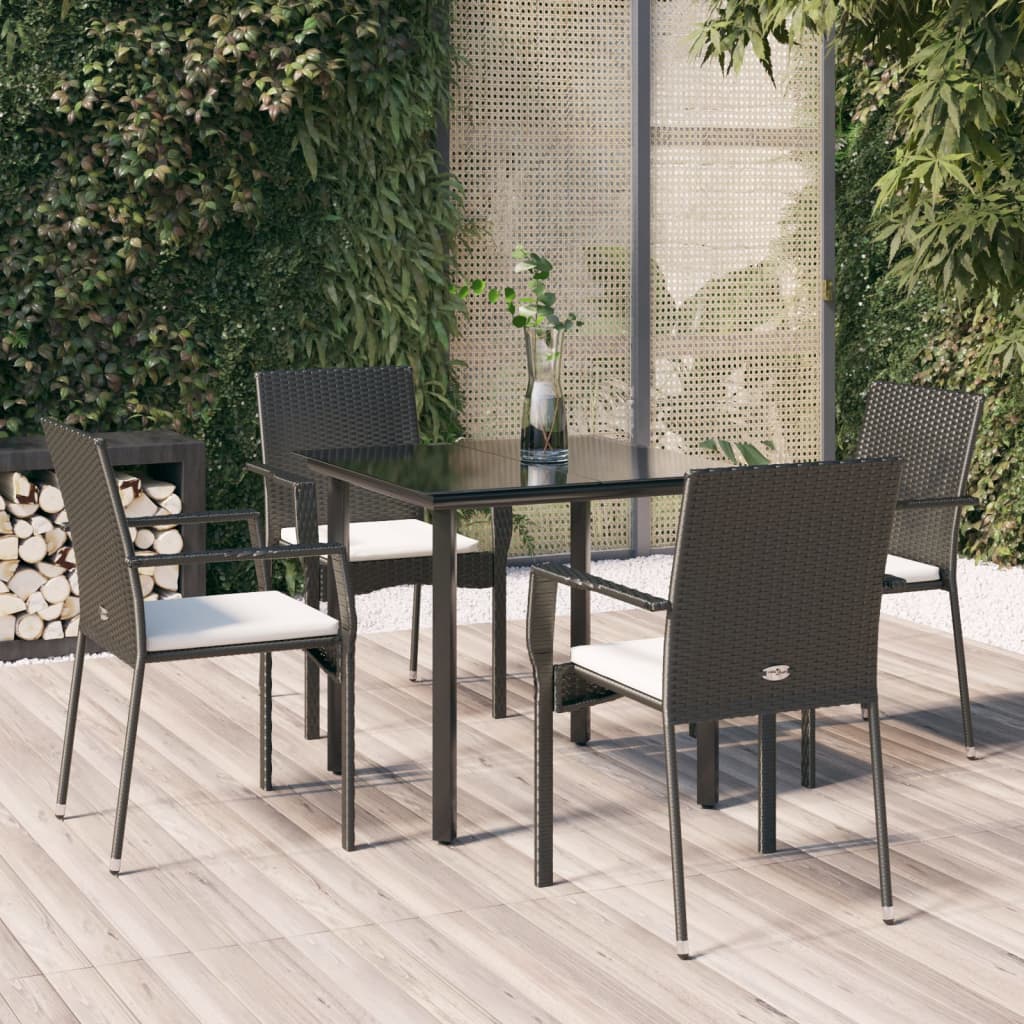 5 Piece Patio Dining Set with Cushions Black Poly Rattan