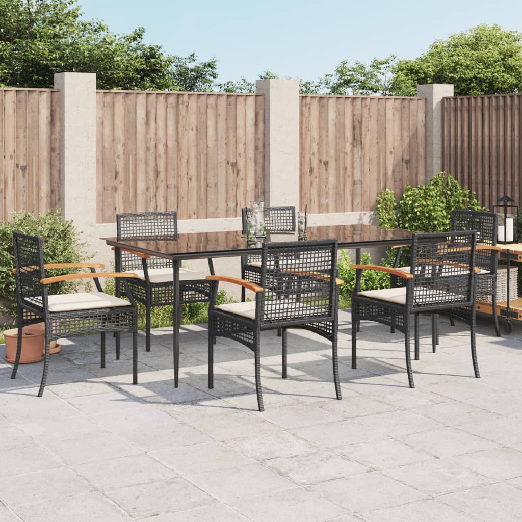 7 Piece Patio Dining Set with Cushions Black Poly Rattan