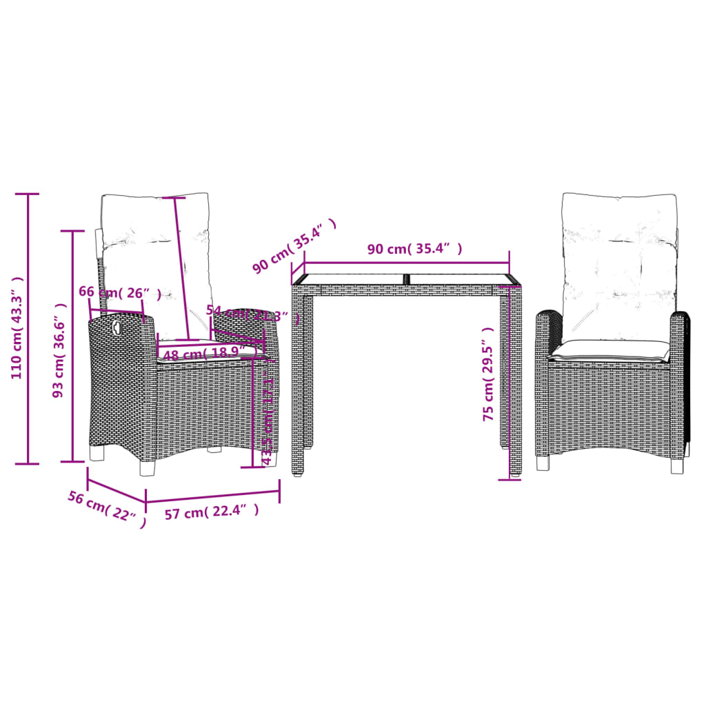 3 Piece Patio Dining Set with Cushions Black Poly Rattan