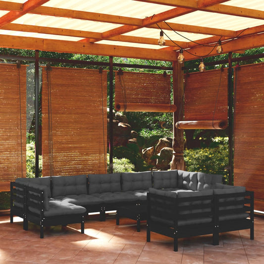 10 Piece Patio Lounge Set with Cushions Black Solid Pinewood