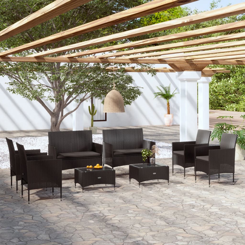 8 Piece Patio Lounge Set with Cushions Poly Rattan Black