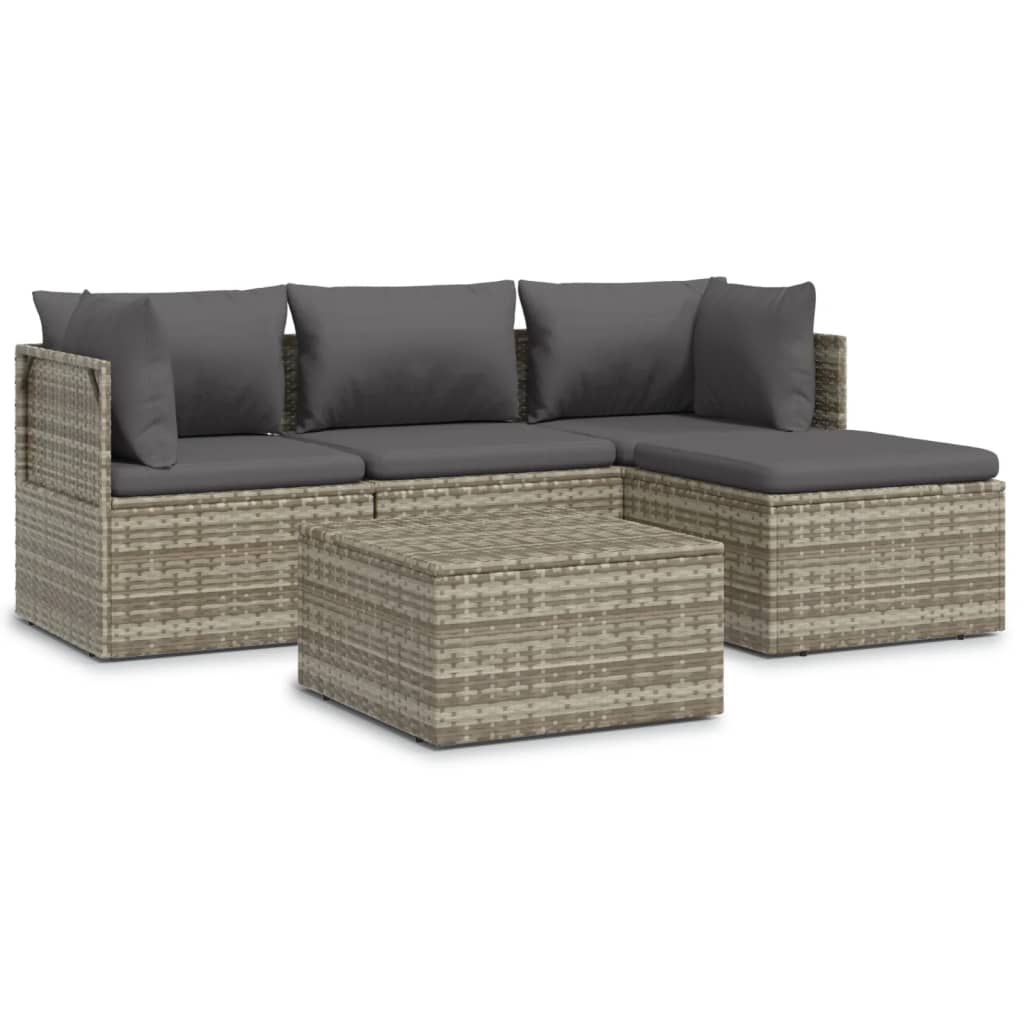 5 Piece Patio Lounge Set with Cushions Gray Poly Rattan