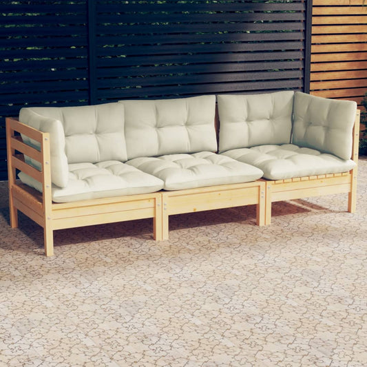 3-Seater Patio Sofa with Cream Cushions Solid Pinewood