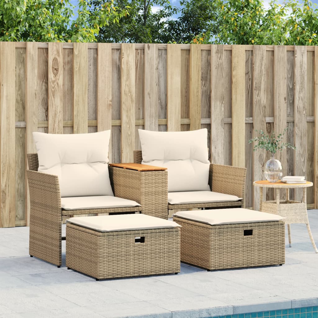 Patio Sofa 2-Seater with Stools Beige Poly Rattan