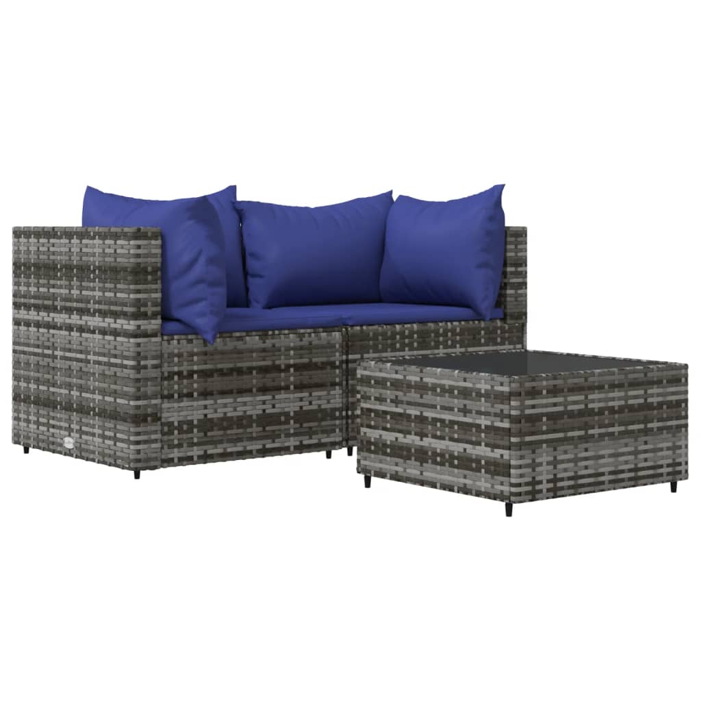 3 Piece Patio Lounge Set with Cushions Gray Poly Rattan