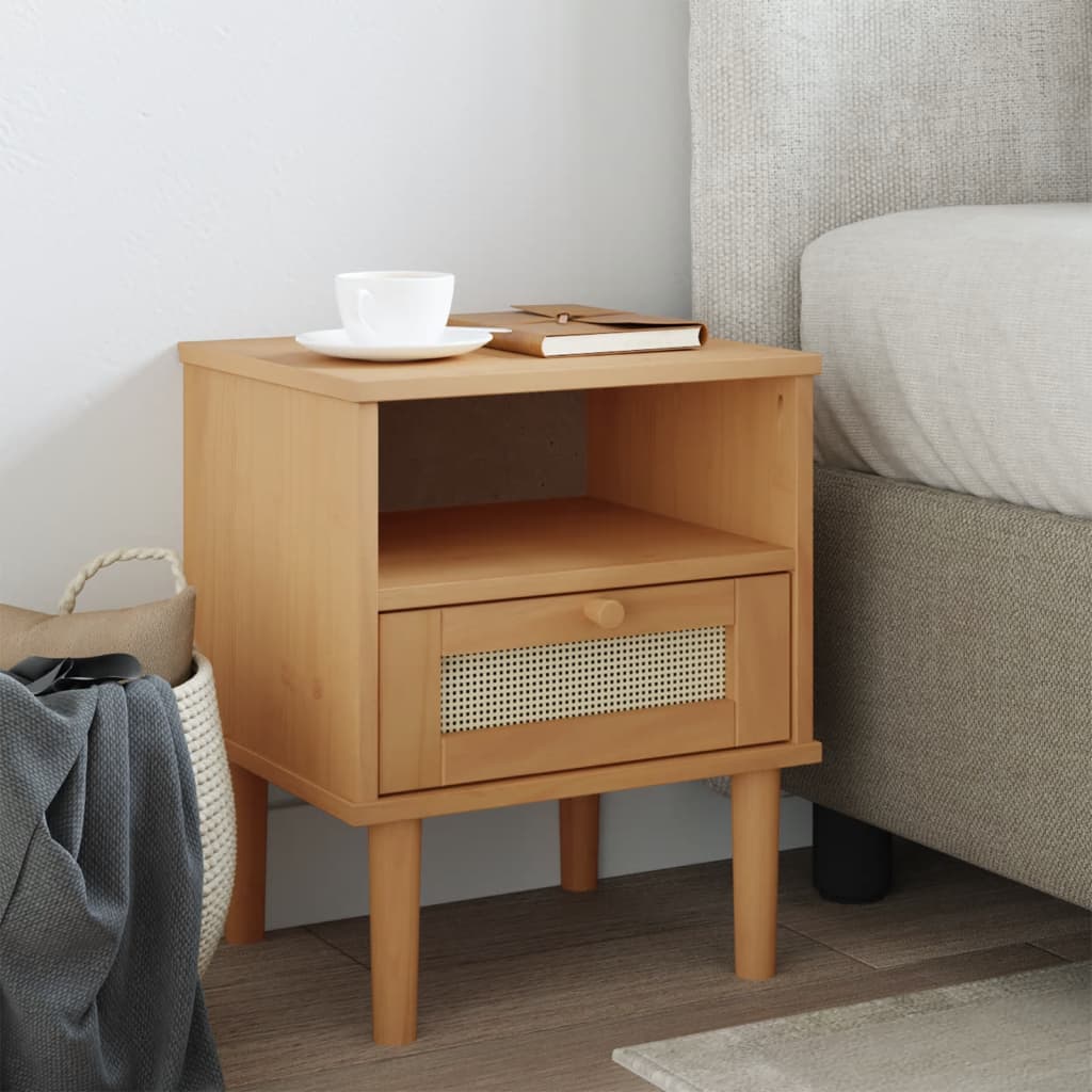 Bedside Cabinet SENJA Rattan Look White 15.7"x13.8"x18.9" Solid Wood Pine