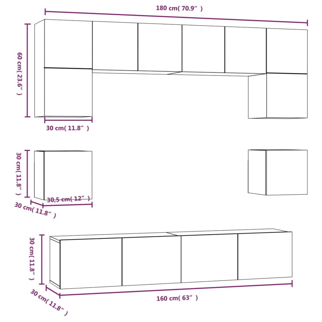 8 Piece TV Stand Set Black Engineered Wood