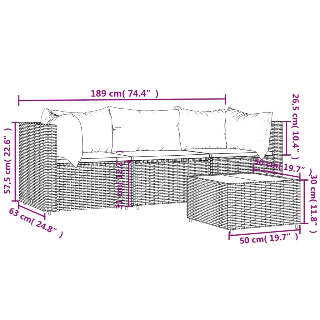 4 Piece Patio Lounge Set with Cushions Black Poly Rattan