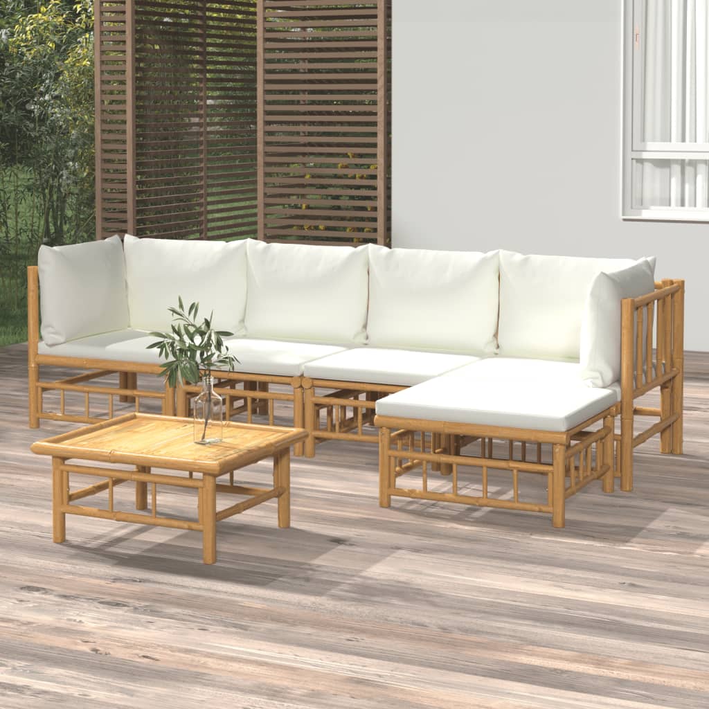 6 Piece Patio Lounge Set with Cream White Cushions Bamboo