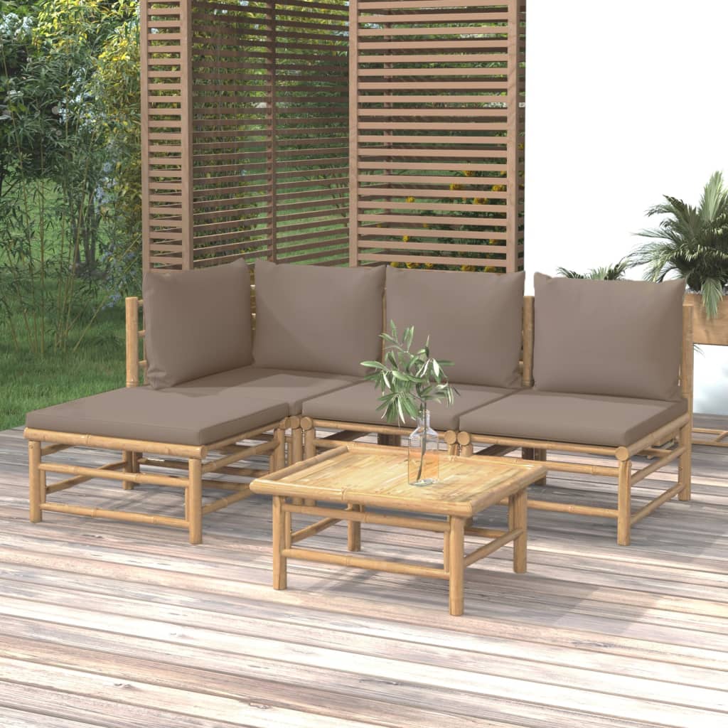 5 Piece Patio Lounge Set with Taupe Cushions Bamboo