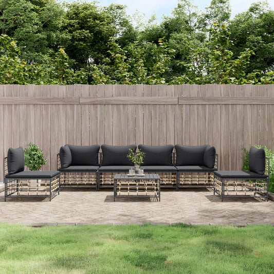 7 Piece Patio Lounge Set with Cushions Anthracite Poly Rattan