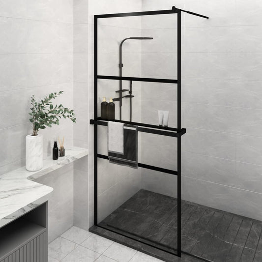 Walk-in Shower Wall with Shelf Black 39.4"x76.8" ESG Glass&Aluminum