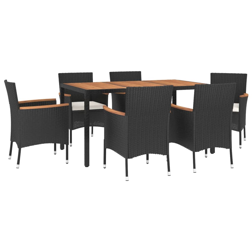 7 Piece Patio Dining Set with Cushions Black Poly Rattan