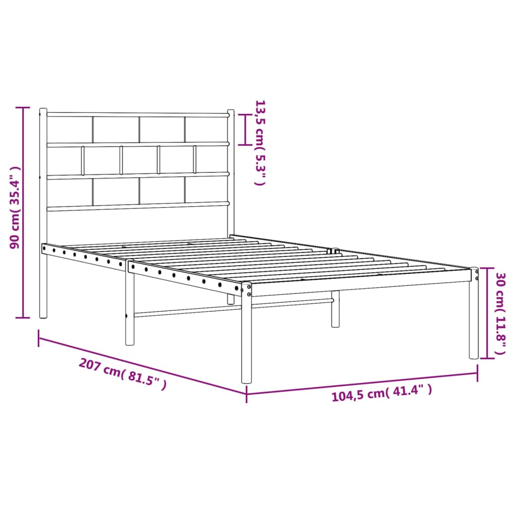 Metal Bed Frame with Headboard White 39.4"x78.7"