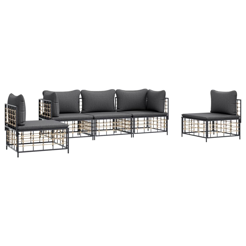 5 Piece Patio Lounge Set with Cushions Anthracite Poly Rattan