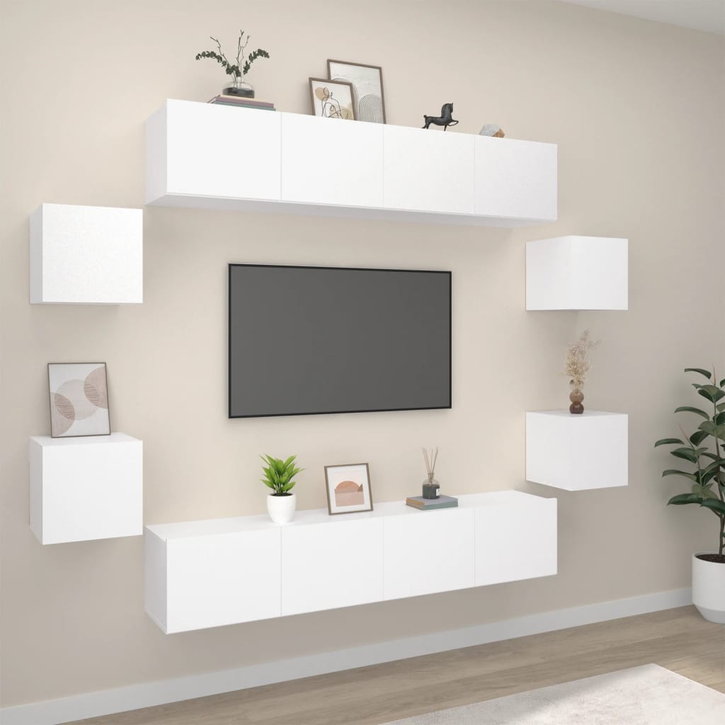 8 Piece TV Stand Set White Engineered Wood