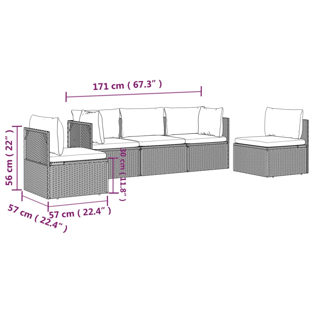 5 Piece Patio Lounge Set with Cushions Gray Poly Rattan