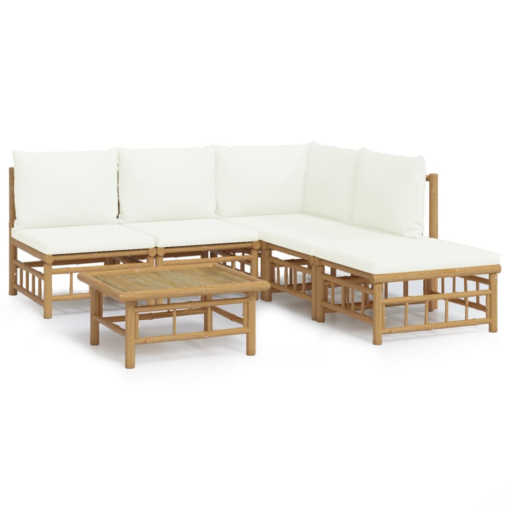 6 Piece Patio Lounge Set with Cream White Cushions Bamboo