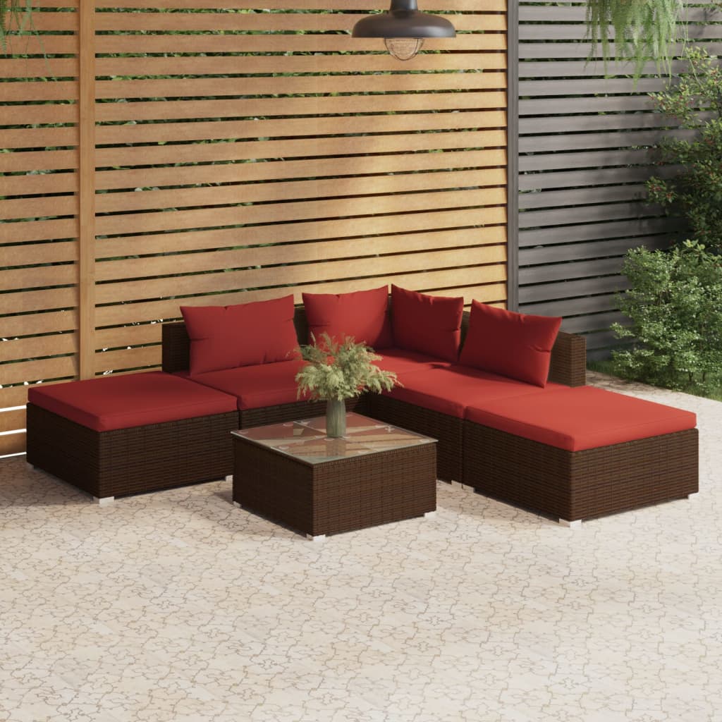 6 Piece Patio Lounge Set with Cushions Poly Rattan Brown