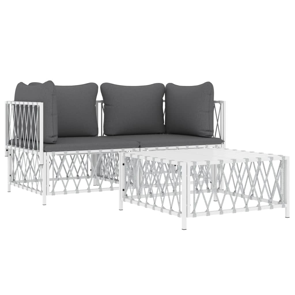 3 Piece Patio Lounge Set with Cushions White Steel