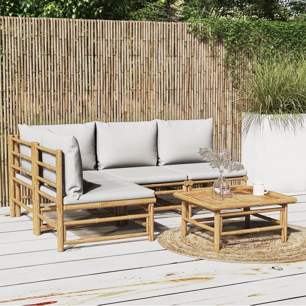 5 Piece Patio Lounge Set with Light Gray Cushions Bamboo