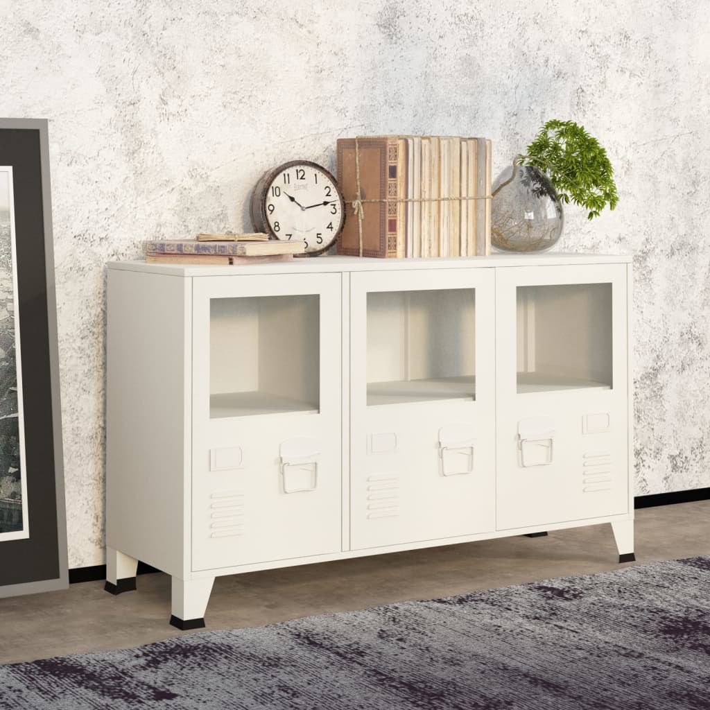 Industrial Sideboard White 41.3"x13.8"x24.4" Metal and Glass