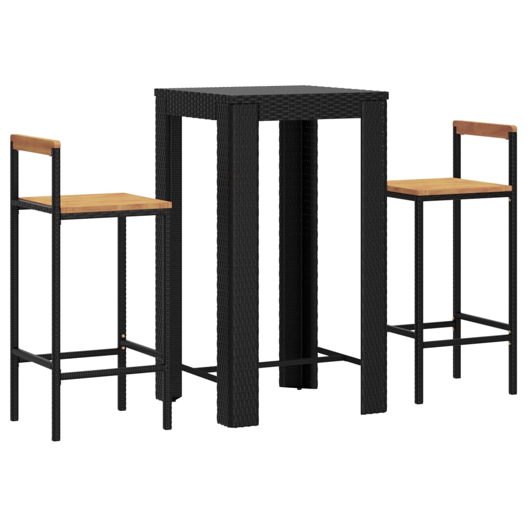 3 Piece Patio Bar Set Black Poly Rattan&Solid Wood Acacia