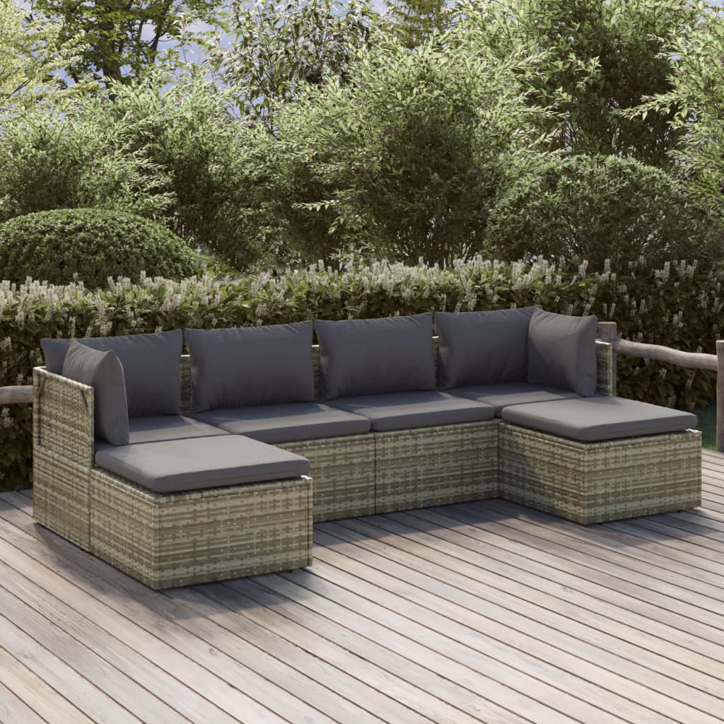 6 Piece Patio Lounge Set with Cushions Gray Poly Rattan