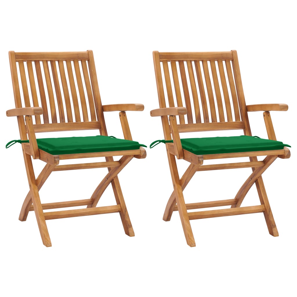 Patio Chairs 2 pcs with Green Cushions Solid Teak Wood