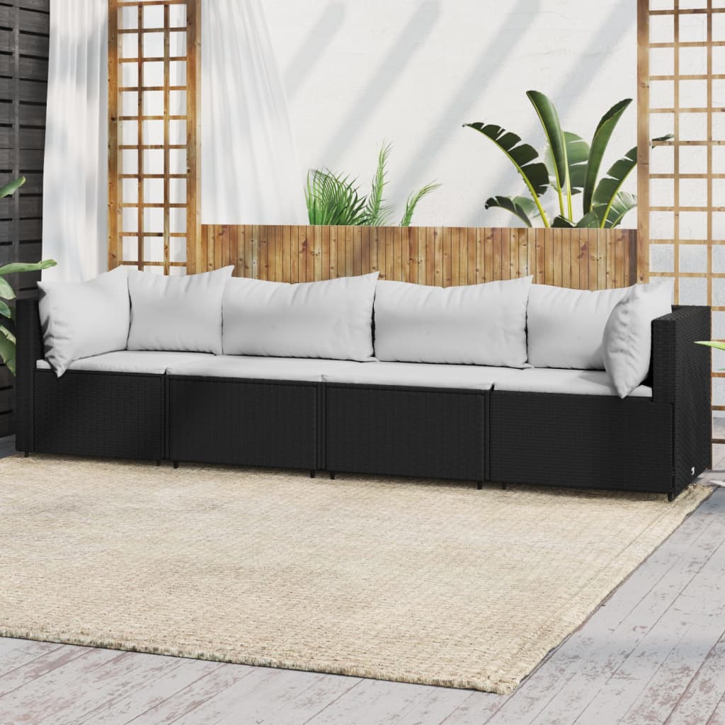 4 Piece Patio Lounge Set with Cushions Black Poly Rattan