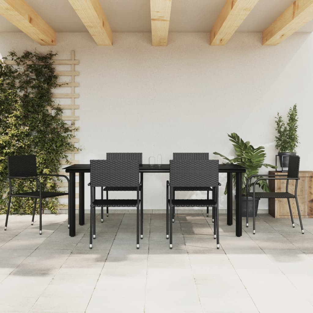 7 Piece Patio Dining Set Black Poly Rattan and Steel