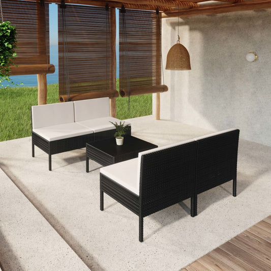 5 Piece Patio Lounge Set with Cushions Poly Rattan Black