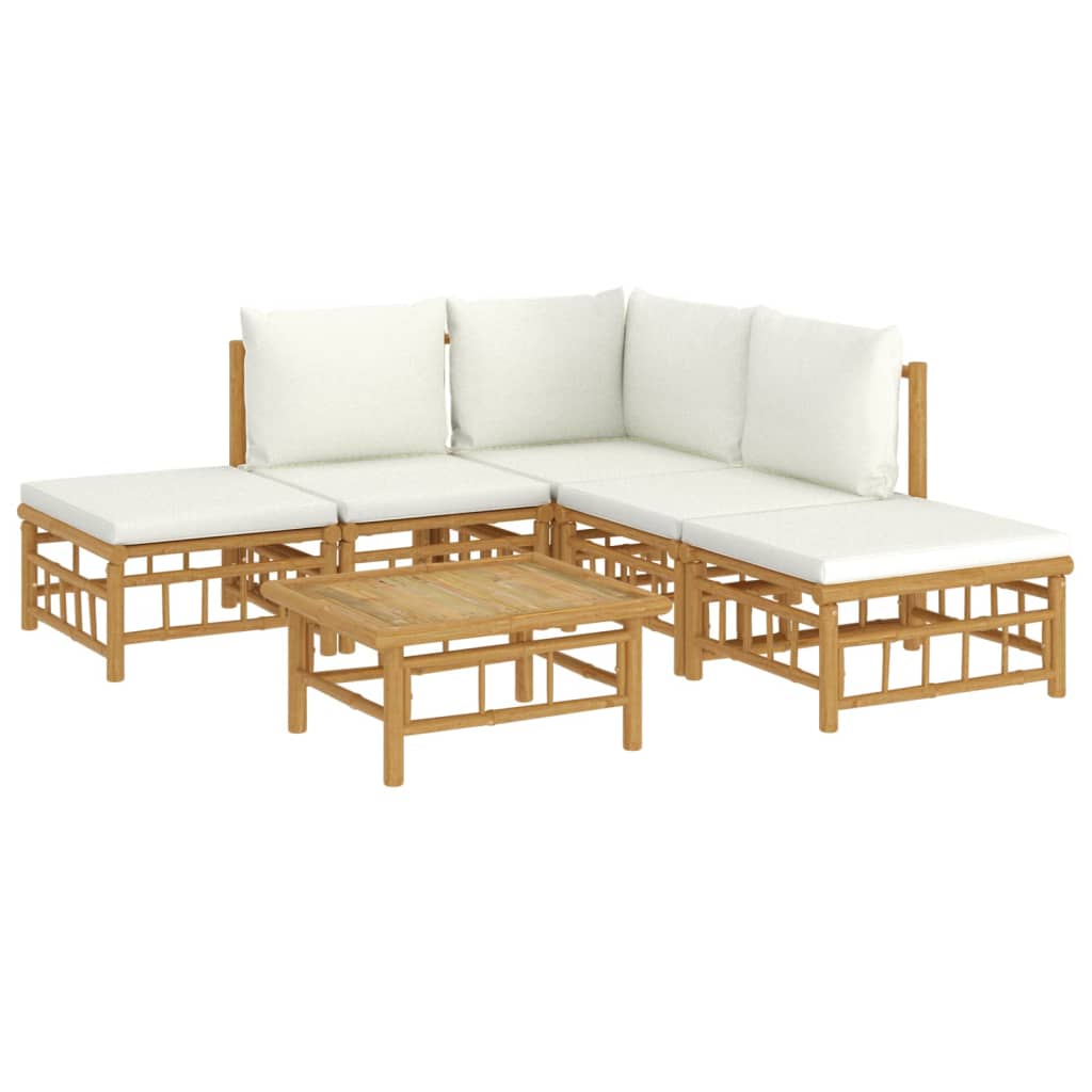 6 Piece Patio Lounge Set with Cream White Cushions Bamboo