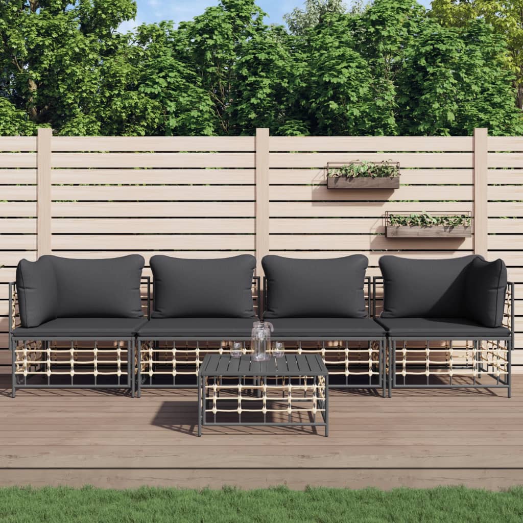 5 Piece Patio Lounge Set with Cushions Anthracite Poly Rattan