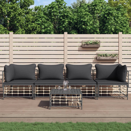 5 Piece Patio Lounge Set with Cushions Anthracite Poly Rattan