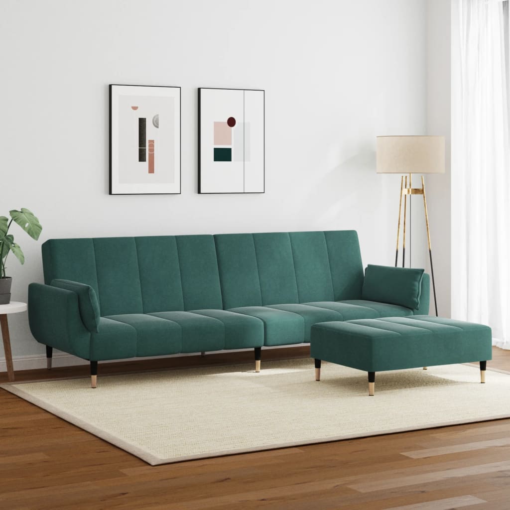 2-Seater Sofa Bed with Footstool Dark Green Velvet