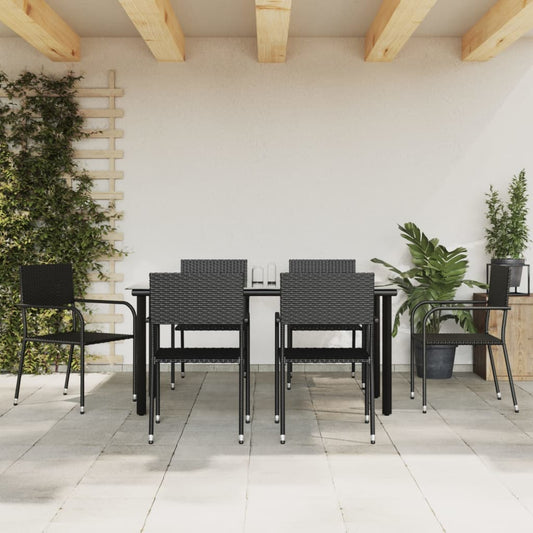 7 Piece Patio Dining Set Black Poly Rattan