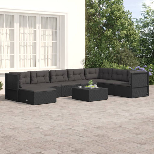 8 Piece Patio Lounge Set with Cushions Black Poly Rattan