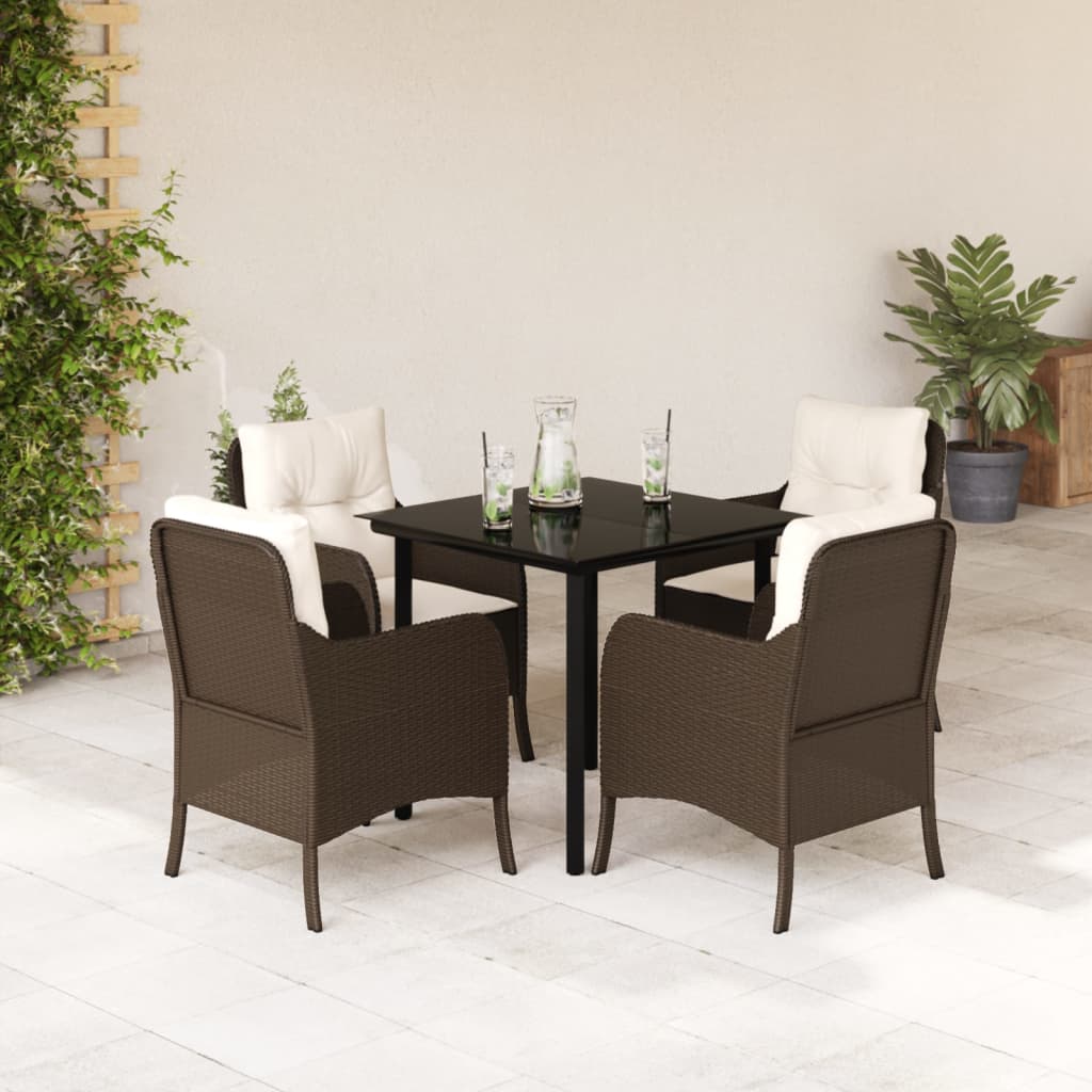 5 Piece Patio Dining Set with Cushions Brown Poly Rattan