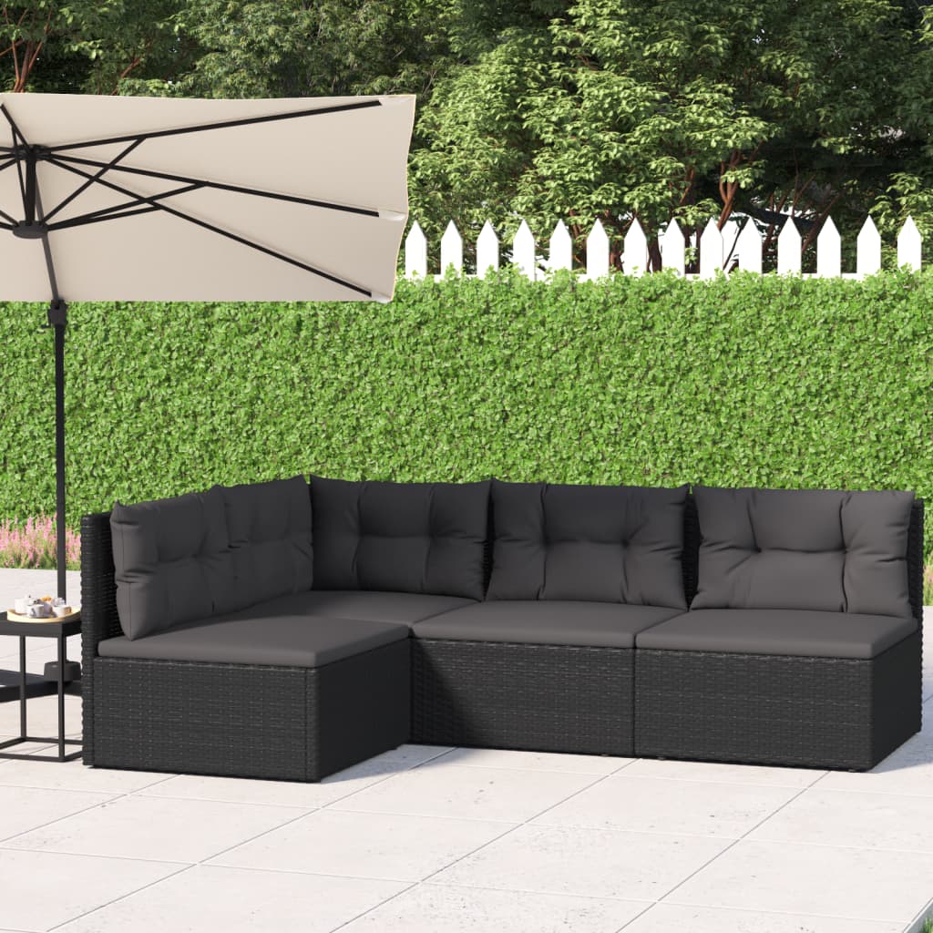 4 Piece Patio Lounge Set with Cushions Black Poly Rattan