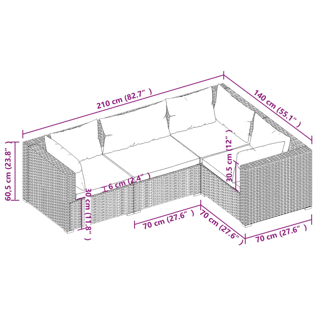 4 Piece Patio Lounge Set with Cushions Poly Rattan Black