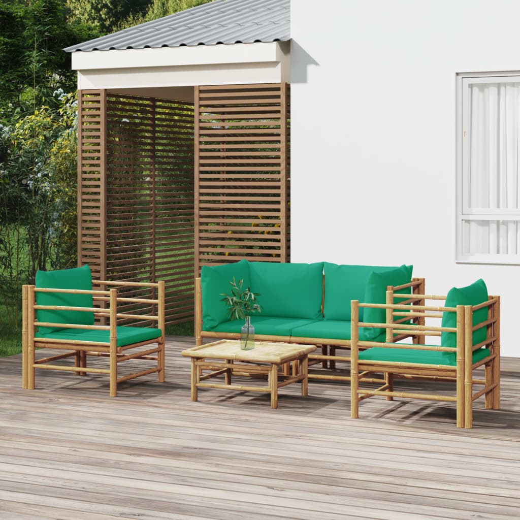 5 Piece Patio Lounge Set with Green Cushions Bamboo