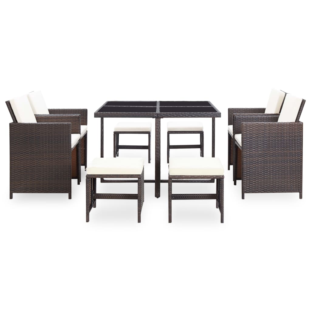 9 Piece Patio Dining Set with Cushions Poly Rattan Brown