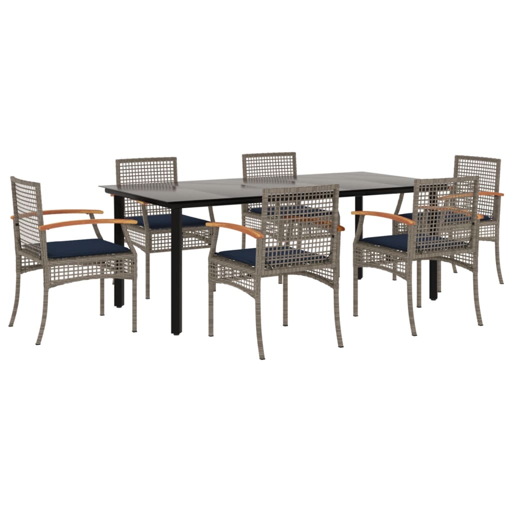 7 Piece Patio Dining Set with Cushions Gray Poly Rattan