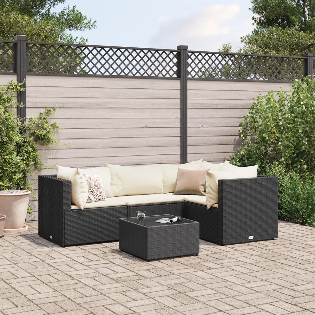 5 Piece Patio Lounge Set with Cushions Black Poly Rattan