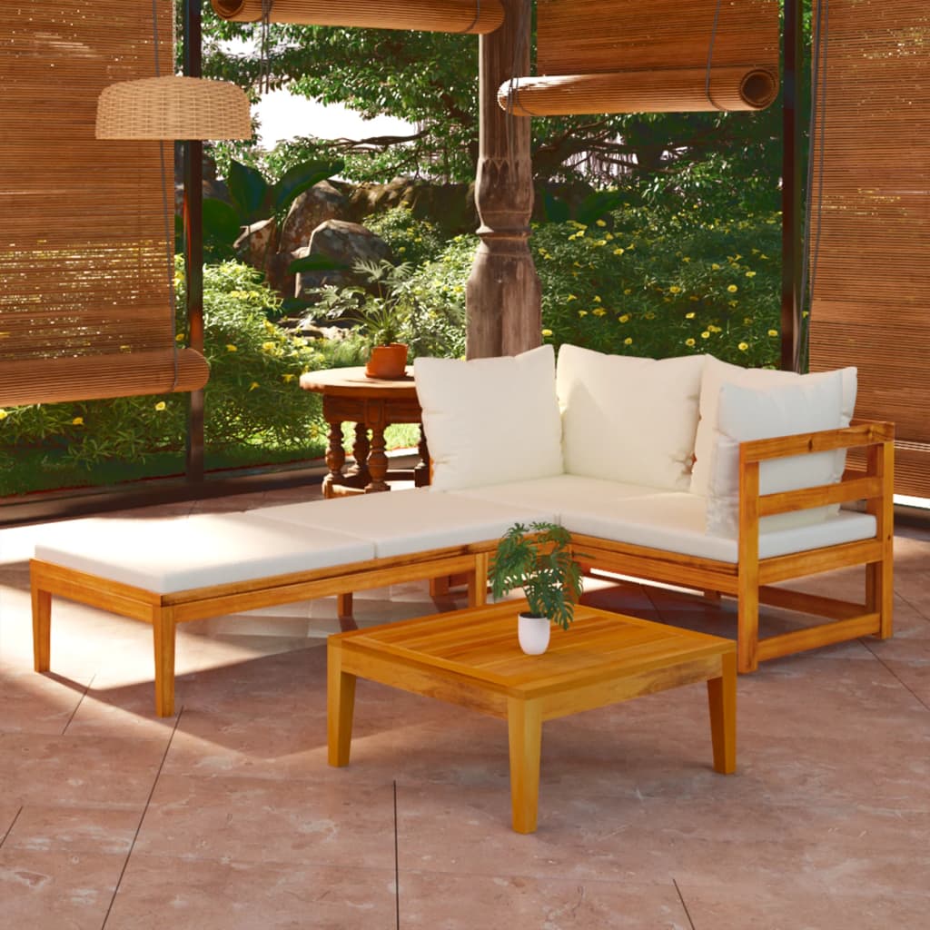 3 Piece Patio Lounge Set with Cream White Cushions Acacia Wood