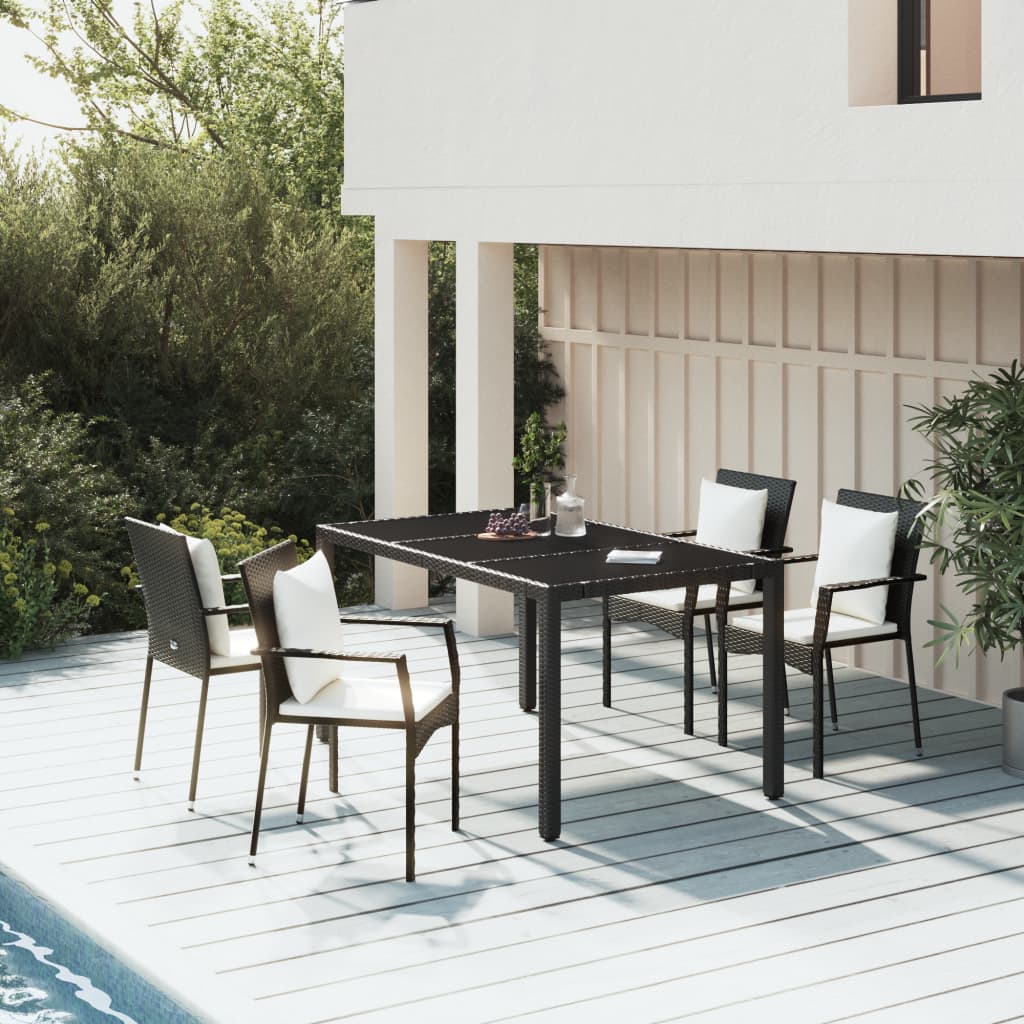 5 Piece Patio Dining Set with Cushions Black Poly Rattan