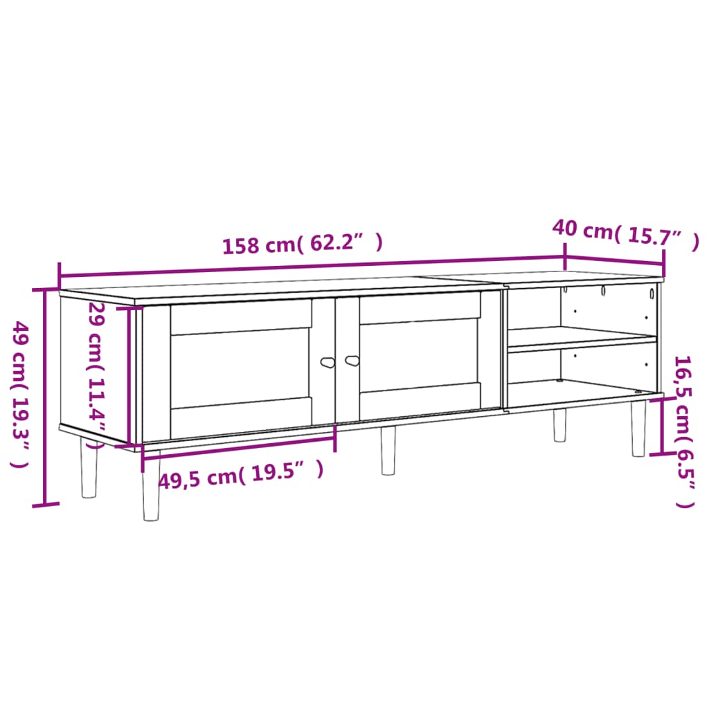 TV Stand SENJA Rattan Look Black 62.2"x15.7"x19.3" Solid Wood Pine