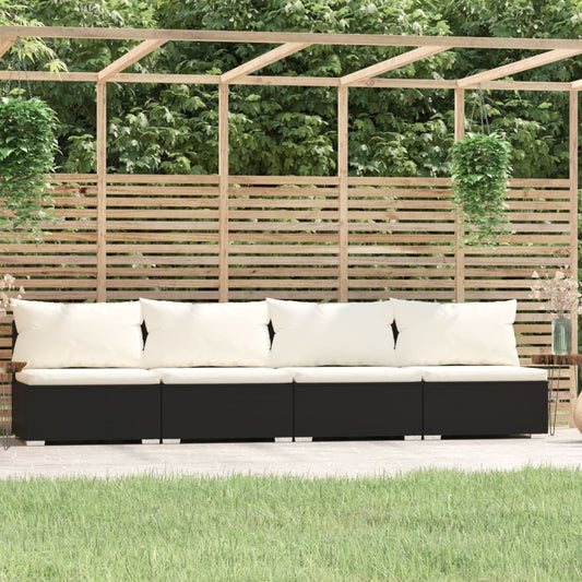 4 Seater Sofa with Cushions Black Poly Rattan